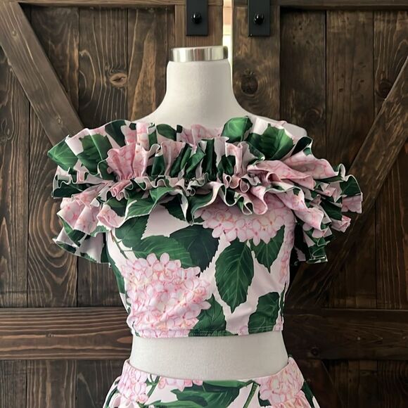 New Green Floral Print Beach Long Maxi Skirt Resort Casual Romantic Ruffle Top - Picture 4 of 16